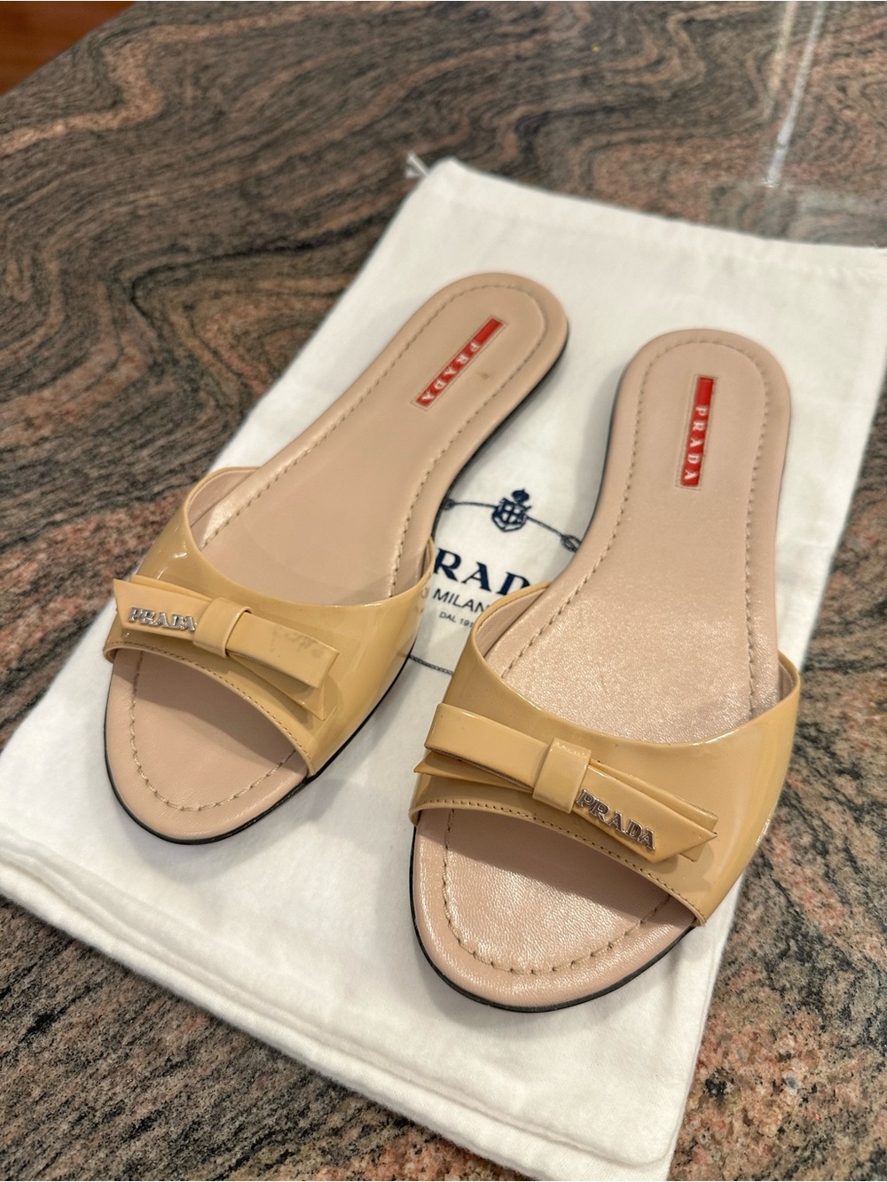 Prada Patent Leather Bow Slide Sandals Nude Beige Size 38